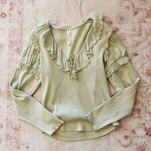 Ruffled V-Neck Long Sleeve Anthroplogie Blouse - Sage Green